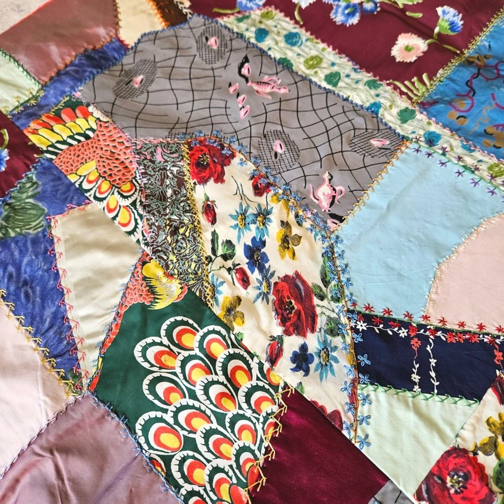 Vintage 40s Handmade Crazy Quilt Top Silk Satin Velvet Embroidered Folk Art Twin